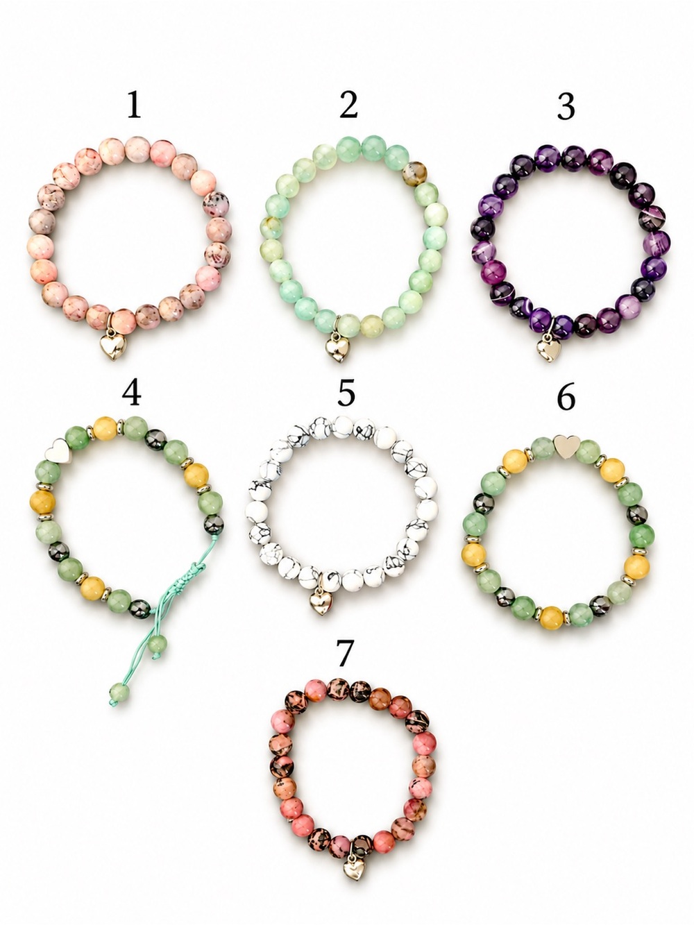 Natural Stone Beaded Stretch Bracelets with Heart Charm - Pick One - Picture 2 of 2